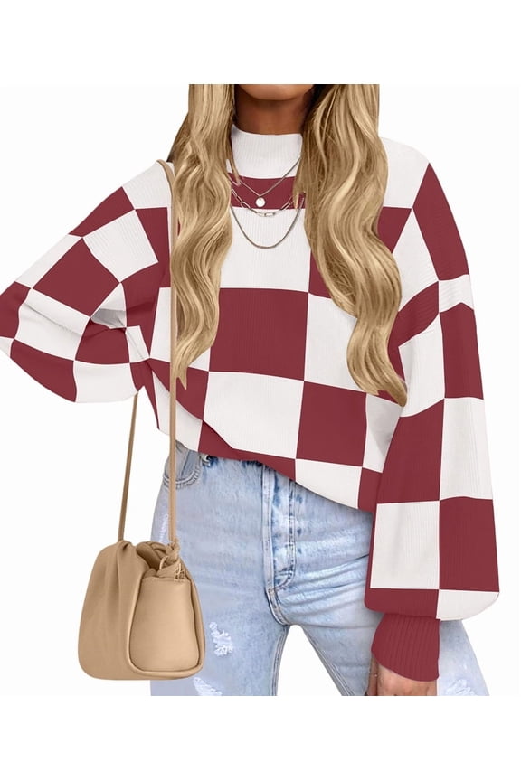 Women'S Fall Fashion Roll-Neck Long Sleeve Plaid Ribbed Knit Loose Pullover Sweater Tops Burgundy Checkered XXL