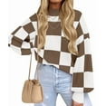 thumbnail image 1 of Women'S Fall Fashion Roll-Neck Long Sleeve Plaid Ribbed Knit Loose Pullover Sweater Tops Camel Checkered M, 1 of 9