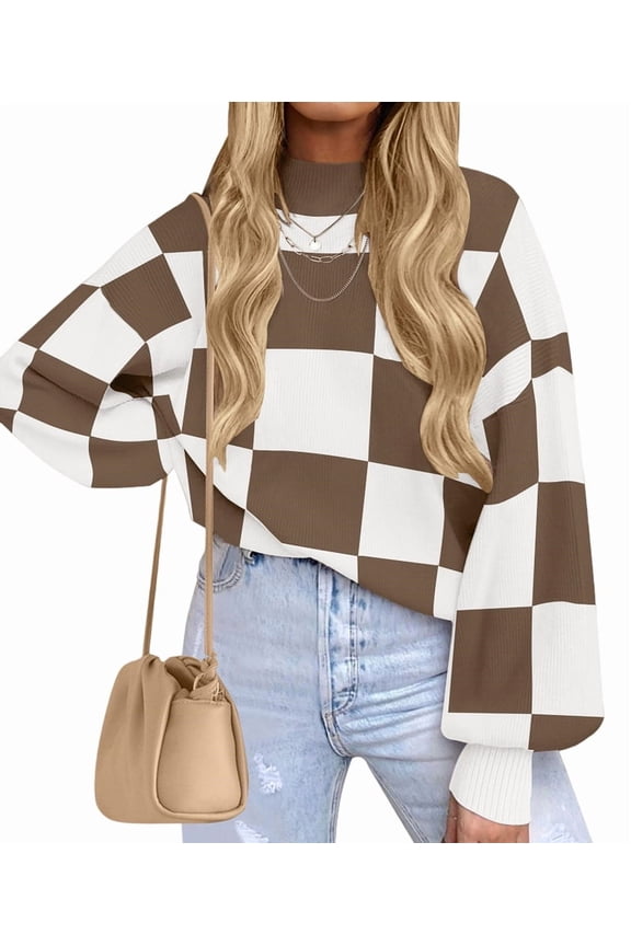 Women'S Fall Fashion Roll-Neck Long Sleeve Plaid Ribbed Knit Loose Pullover Sweater Tops Camel Checkered M