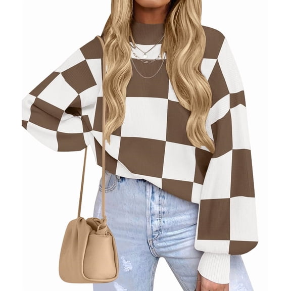 Women'S Fall Fashion Roll-Neck Long Sleeve Plaid Ribbed Knit Loose Pullover Sweater Tops Camel Checkered XXL