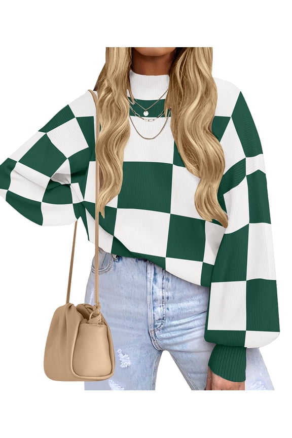Women'S Fall Fashion Roll-Neck Long Sleeve Plaid Ribbed Knit Loose Pullover Sweater Tops Green Checkered L