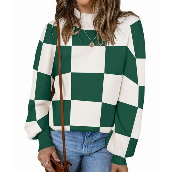 Women'S Fall Fashion Roll-Neck Long Sleeve Plaid Ribbed Knit Loose Pullover Sweater Tops Green Checkered XL