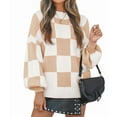 thumbnail image 1 of Women'S Fall Fashion Roll-Neck Long Sleeve Plaid Ribbed Knit Loose Pullover Sweater Tops Khaki Checkered L, 1 of 9