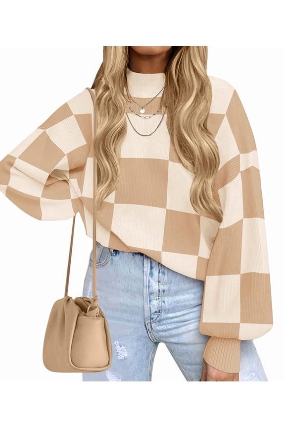 Women'S Fall Fashion Roll-Neck Long Sleeve Plaid Ribbed Knit Loose Pullover Sweater Tops Khaki Checkered M