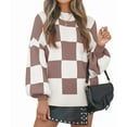 thumbnail image 1 of Women'S Fall Fashion Roll-Neck Long Sleeve Plaid Ribbed Knit Loose Pullover Sweater Tops Lotus Pink Checkered M, 1 of 9