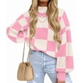 thumbnail image 1 of Women'S Fall Fashion Roll-Neck Long Sleeve Plaid Ribbed Knit Loose Pullover Sweater Tops Pink Checkered L, 1 of 9