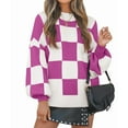 thumbnail image 1 of Women'S Fall Fashion Roll-Neck Long Sleeve Plaid Ribbed Knit Loose Pullover Sweater Tops Purple Checkered 4XL, 1 of 9