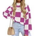 thumbnail image 1 of Women'S Fall Fashion Roll-Neck Long Sleeve Plaid Ribbed Knit Loose Pullover Sweater Tops Purple Checkered 5XL, 1 of 9