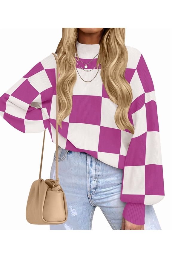Women'S Fall Fashion Roll-Neck Long Sleeve Plaid Ribbed Knit Loose Pullover Sweater Tops Purple Checkered XXL