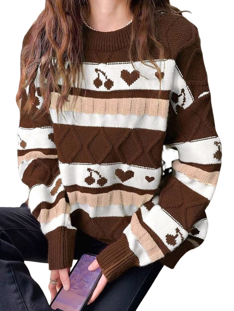 Women'S Fall Grandpa Sweater Vintage Oversized Striped Crew Neck