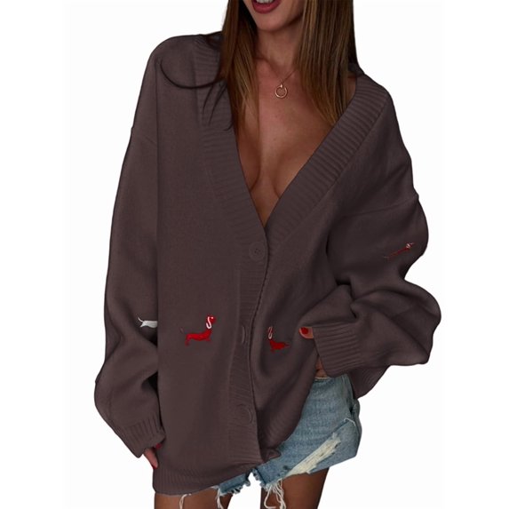 Women'S Fall Graphic Embroidery Button Down Cardigan V Neck Cozy Funny Knit Cardigan Sweater Jacket Coat Zy5126 Brown S