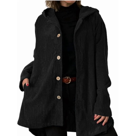 Women'S Fall Jacket with Hood Casual Button Down Hooded Long Sleeves Loose Corduroy Jackets with Pockets Black L