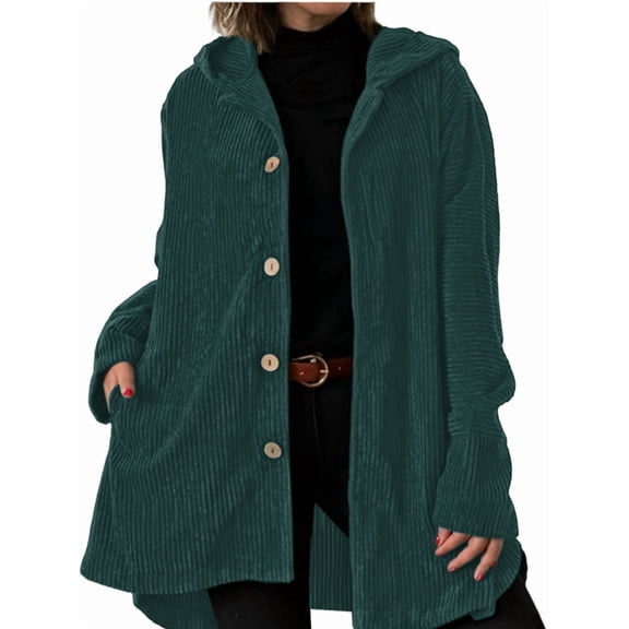 Women'S Fall Jacket with Hood Casual Button Down Hooded Long Sleeves Loose Corduroy Jackets with Pockets Green M