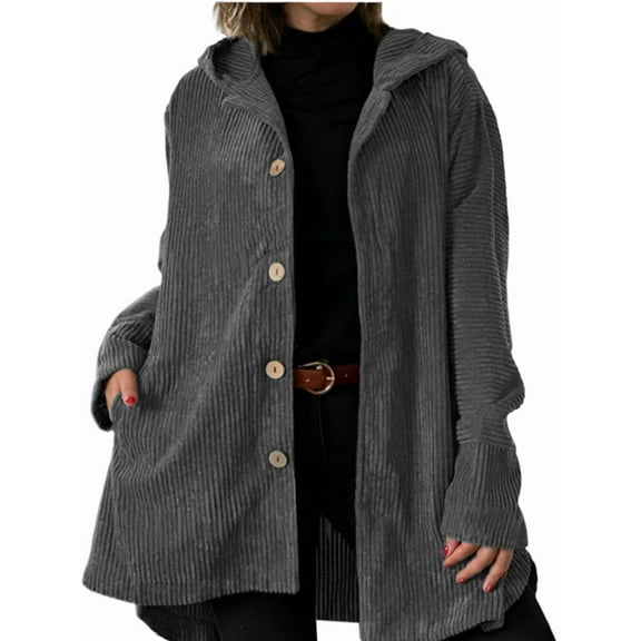 Women'S Fall Jacket with Hood Casual Button Down Hooded Long Sleeves Loose Corduroy Jackets with Pockets Grey L