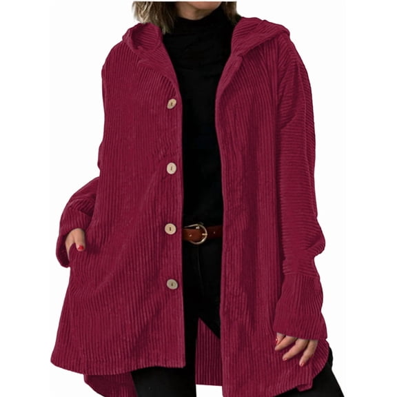 Women'S Fall Jacket with Hood Casual Button Down Hooded Long Sleeves Loose Corduroy Jackets with Pockets Wine Red L
