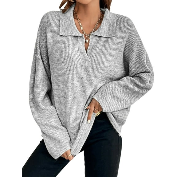 Women'S Fall Lapel Collar V Neck Long Sleeve Knit Comfy Loose Casual Pullover Sweater Jumper Top Grey S