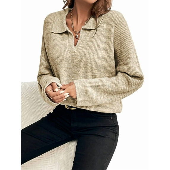 Women'S Fall Lapel Collar V Neck Long Sleeve Knit Comfy Loose Casual Pullover Sweater Jumper Top Khaki L