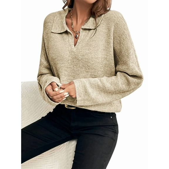 Women'S Fall Lapel Collar V Neck Long Sleeve Knit Comfy Loose Casual Pullover Sweater Jumper Top Khaki M