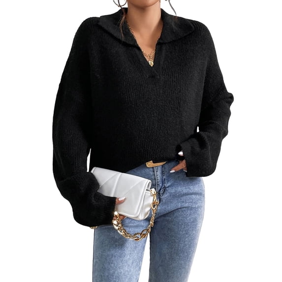 Women'S Fall Lapel Collar V Neck Long Sleeve Knit Comfy Loose Casual Pullover Sweater Jumper Top