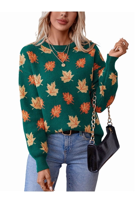 Women'S Fall Leaf Trendy Jacquard Casual Round Neck Long Sleeves Knitted Soft Cozy Pullover Sweaters Dark Green XL