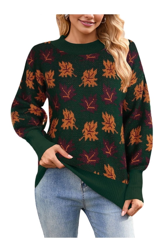 Women'S Fall Leaf Trendy Jacquard Sweater Casual Knitted Soft Cozy Pullover Sweaters Green M