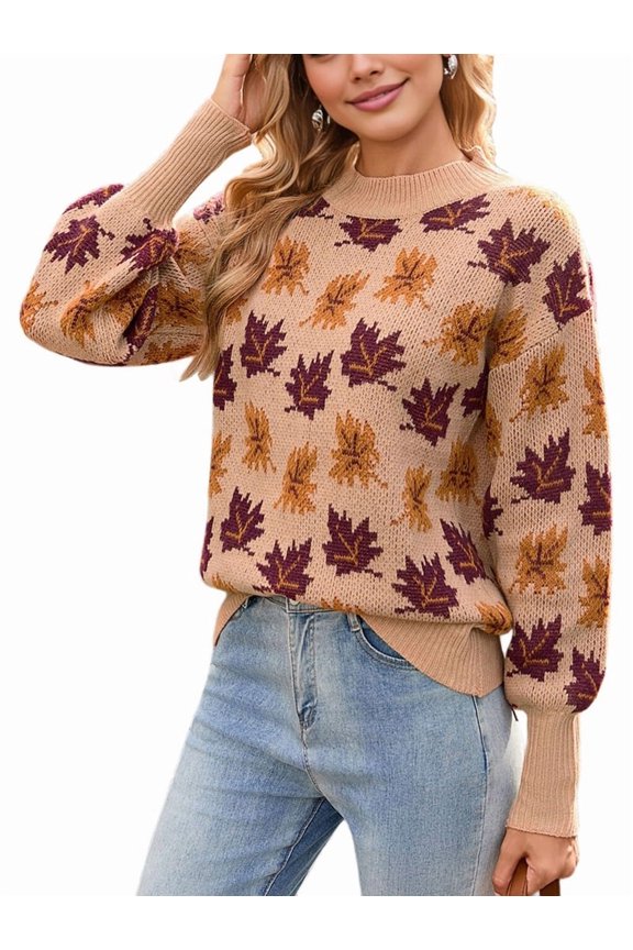 Women'S Fall Leaf Trendy Jacquard Sweater Casual Knitted Soft Cozy Pullover Sweaters Khaki S