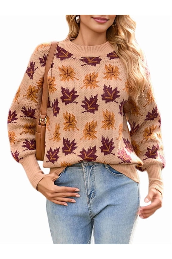 Women'S Fall Leaf Trendy Jacquard Sweater Casual Knitted Soft Cozy Pullover Sweaters Khaki S
