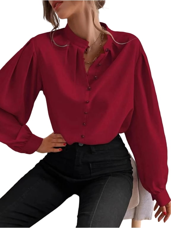 Women'S Fall Long Lantern Sleeve Blouse Stand Collar Single-Breasted Solid Casual Loose Blouse Tops Wine Red L