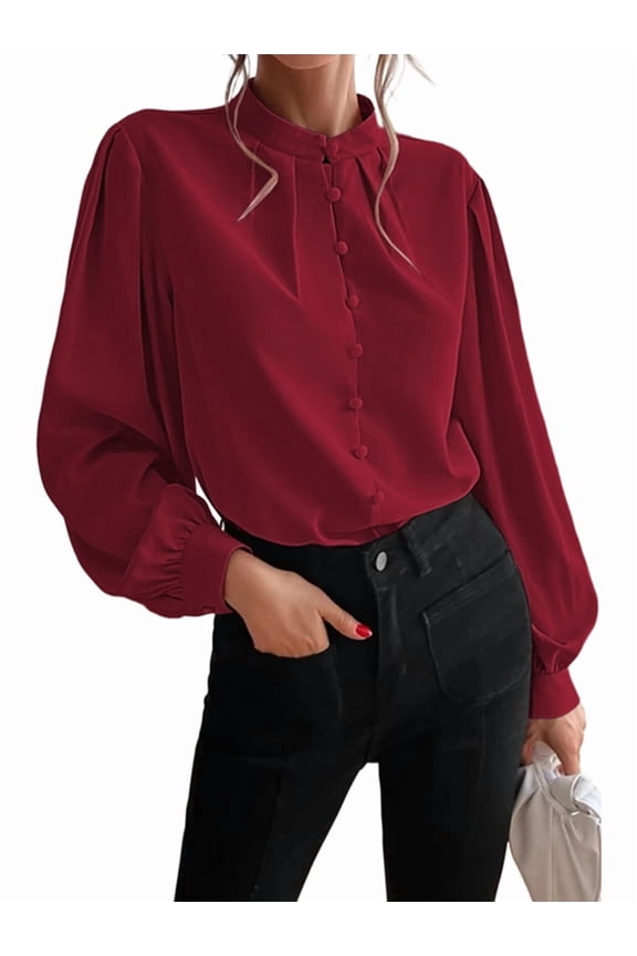 Women'S Fall Long Lantern Sleeve Blouse Stand Collar Single-Breasted Solid Casual Loose Blouse Tops Wine Red XL