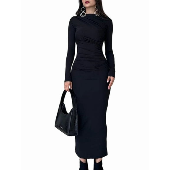 Women'S Fall Long Sleeve Bodycon Maxi Dresses Ruched Crew Neck Slim Fit Cocktail Party Dress Black S