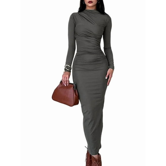 Women'S Fall Long Sleeve Bodycon Maxi Dresses Ruched Crew Neck Slim Fit Cocktail Party Dress Dark Gray L