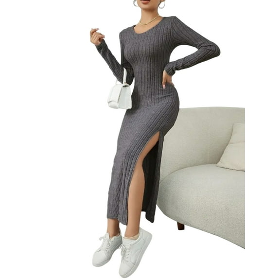 Women'S Fall Long Sleeve Casual Ribbed Knit Slim Fit Elegant Crew Neck Side Slit Maxi Dresses Dark Gray M