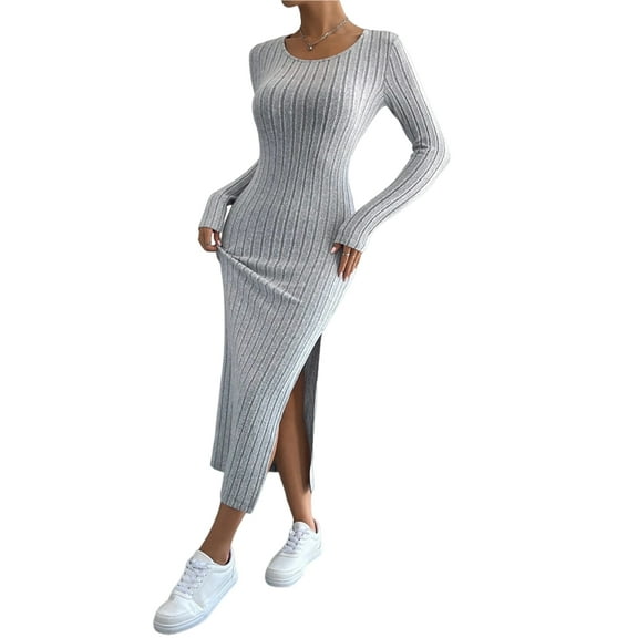 Women'S Fall Long Sleeve Casual Ribbed Knit Slim Fit Elegant Crew Neck Side Slit Maxi Dresses Light Gray M