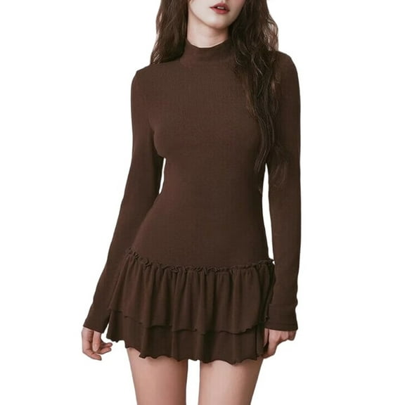 Women'S Fall Long Sleeve Dresses Mock Neck Ruched Y2K Clothes Ruffle Layered Bodycon Mini Party Dress Brown L