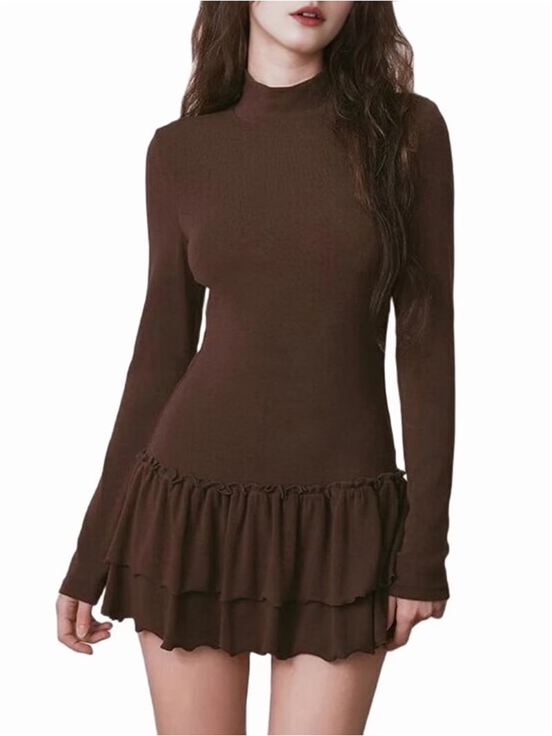 Women'S Fall Long Sleeve Dresses Mock Neck Ruched Y2K Clothes Ruffle Layered Bodycon Mini Party Dress Brown L