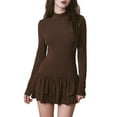 thumbnail image 1 of Women'S Fall Long Sleeve Dresses Mock Neck Ruched Y2K Clothes Ruffle Layered Bodycon Mini Party Dress Brown XL, 1 of 9