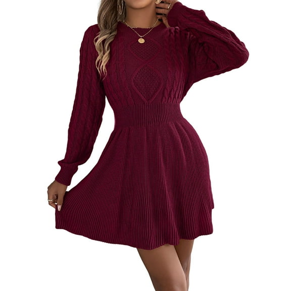 Women'S Fall Long Sleeve Mock Neck Sweater Dress Casual Loose Ribbed Knit Mini Short Pullover Dresses Wine Red XL