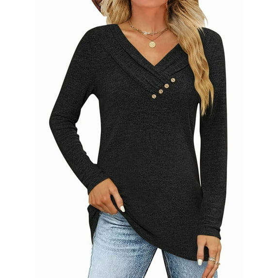 Women'S Fall Long Sleeve Tunic Tops for Leggings V Neck Button Casual Blouse Sweatshirt Black XL