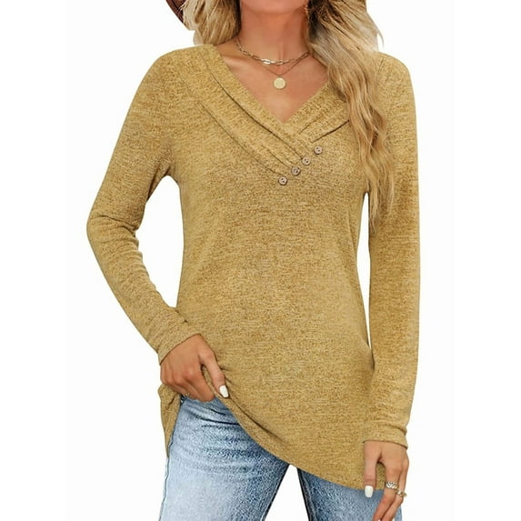 Women'S Fall Long Sleeve Tunic Tops for Leggings V Neck Button Casual Blouse Sweatshirt Ginger Yellow M