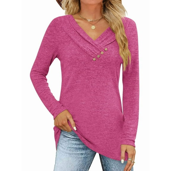 Women'S Fall Long Sleeve Tunic Tops for Leggings V Neck Button Casual Blouse Sweatshirt Rose Red M