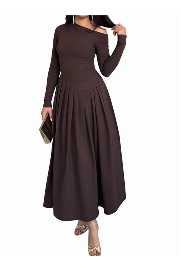 Women'S Fall Long Sleeve Wedding Guest Dresses One Shoulder Elegant Formal Pleated Midi Maxi Dress Brown L