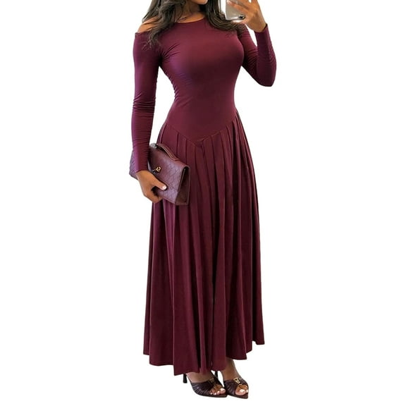 Women'S Fall Long Sleeve Wedding Guest Dresses One Shoulder Elegant Formal Pleated Midi Maxi Dress Wine Red XL