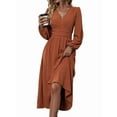 thumbnail image 1 of Women'S Fall Maxi Dresses Long Sleeve V Neck Dots High Waisted A-Line Ruffle Boho Long Dress Vacation Brick Red S, 1 of 9
