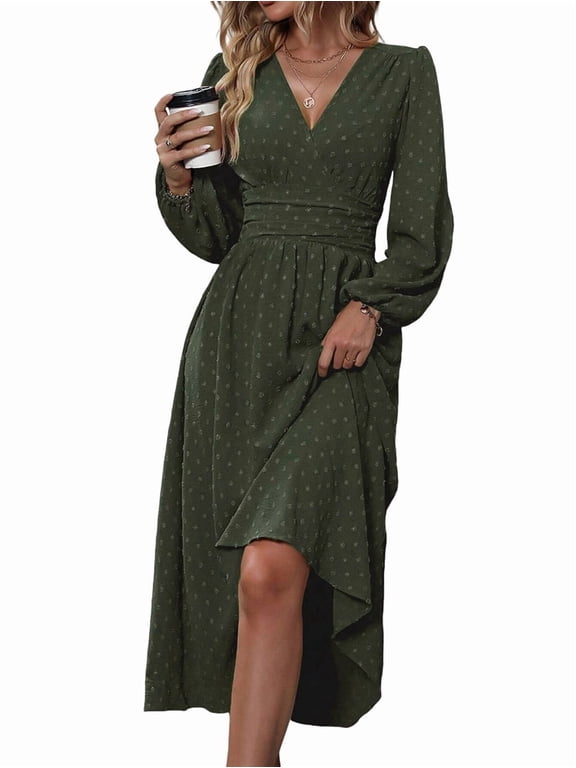 Women'S Fall Maxi Dresses Long Sleeve V Neck Dots High Waisted A-Line Ruffle Boho Long Dress Vacation