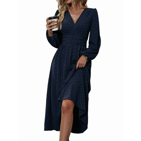 Women'S Fall Maxi Dresses Long Sleeve V Neck Dots High Waisted A-Line Ruffle Boho Long Dress Vacation Navy Blue XL
