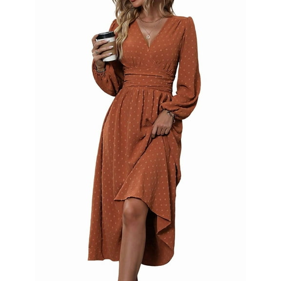 Women'S Fall Maxi Dresses Long Sleeve V Neck Dots High Waisted A-Line Ruffle Boho Long Dress Vacation Brick Red XL