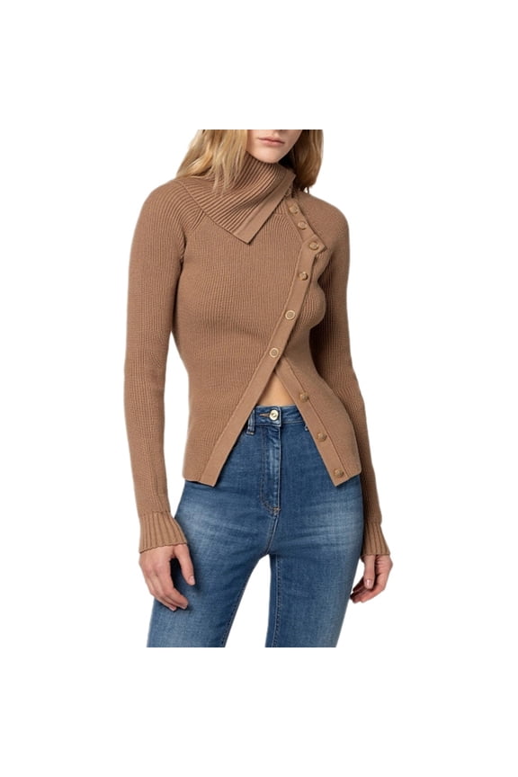 Women'S Fall Mock Neck Long Sleeve Asymmetric Hem Slim-Fit Knit Pullover Sweaters Tops Brown L