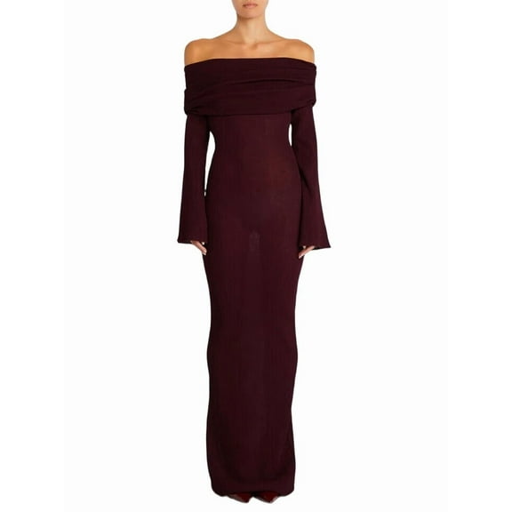 Women'S Fall Off Shoulder Bodycon Sweater Dress Formal Long Sleeve Elegant Club Party Midi Maxi Dresses Reddish Brown L
