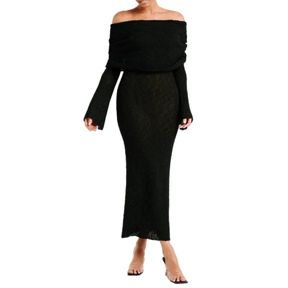 Women'S Fall Off Shoulder Bodycon Sweater Dress Formal Long Sleeve Elegant Club Party Midi Maxi Dresses Black L