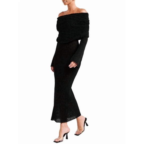 Women'S Fall Off Shoulder Bodycon Sweater Dress Formal Long Sleeve Elegant Club Party Midi Maxi Dresses Black L